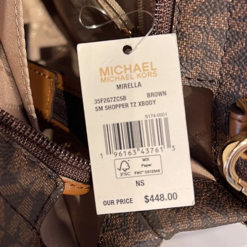 Michael Kors Mirella Small Shopper Top Zip Crossbody Bag Brown Logo MK - Picture 14 of 16